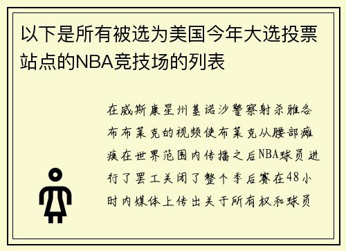 以下是所有被选为美国今年大选投票站点的NBA竞技场的列表